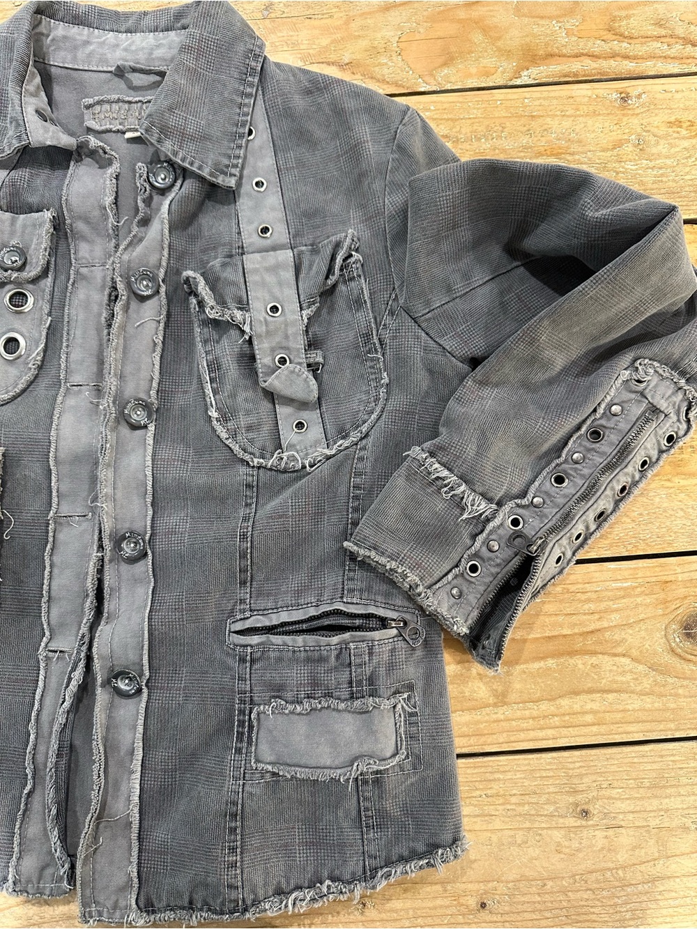 Miss Luna Distressed Utility Moto Jacket Y2K Grunge Avant Garde Patchwork M - Picture 7 of 16